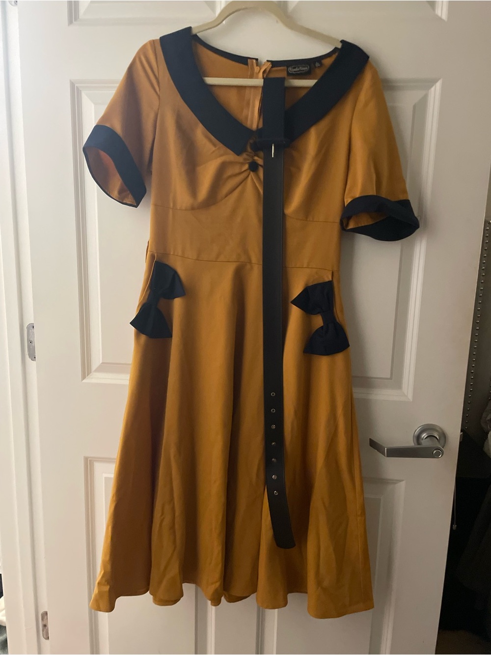 Voodoo Vixen Mustard A-Line Midi Dress with Navy Blue Trim